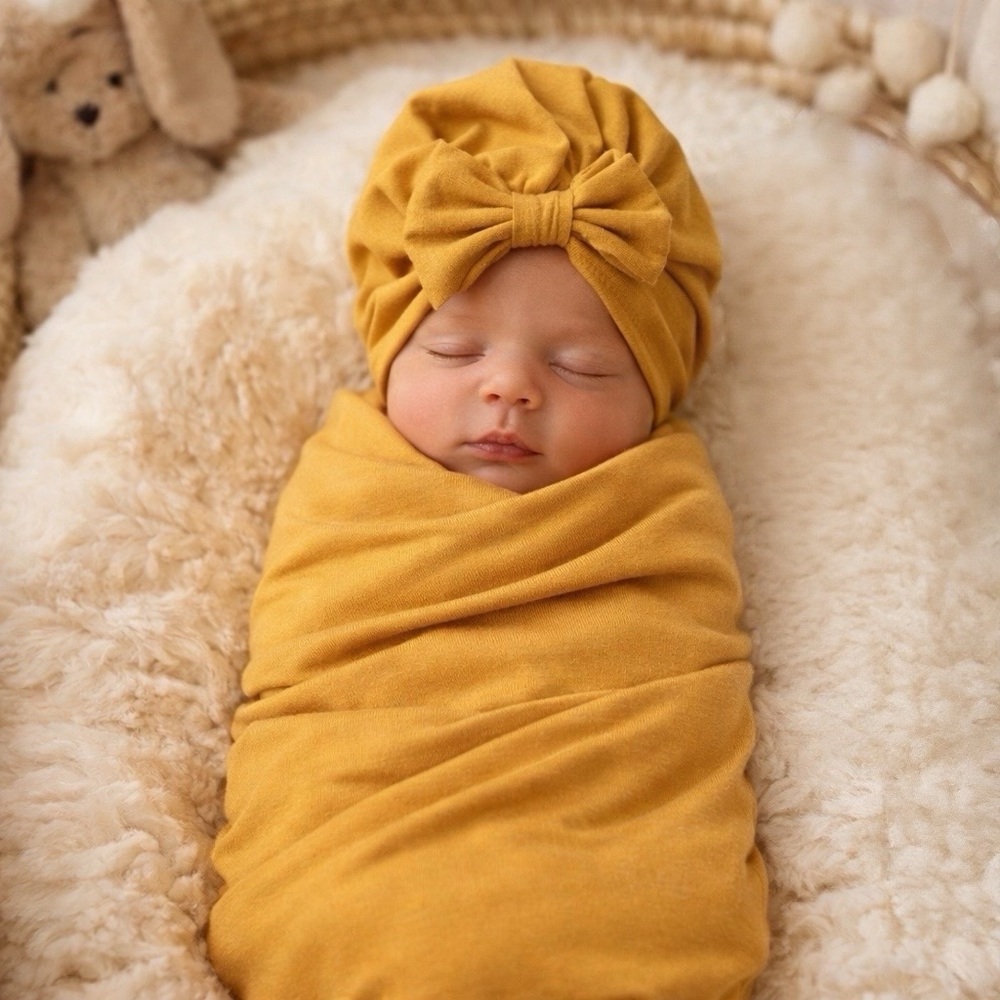 Handmade Baby Girl Swaddle & Bow Turban set | mustard yellow | cotton swaddle